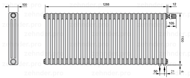 Схема (чертеж) Радиатор Zehnder Charleston 3110/28 №V002 Белый глянцевый RAL 9016